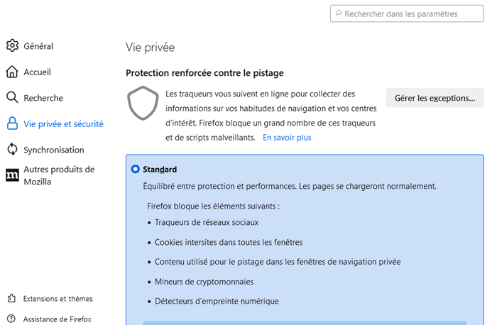 Écran de confidentialité et de sécurité de Firefox dans les paramètres